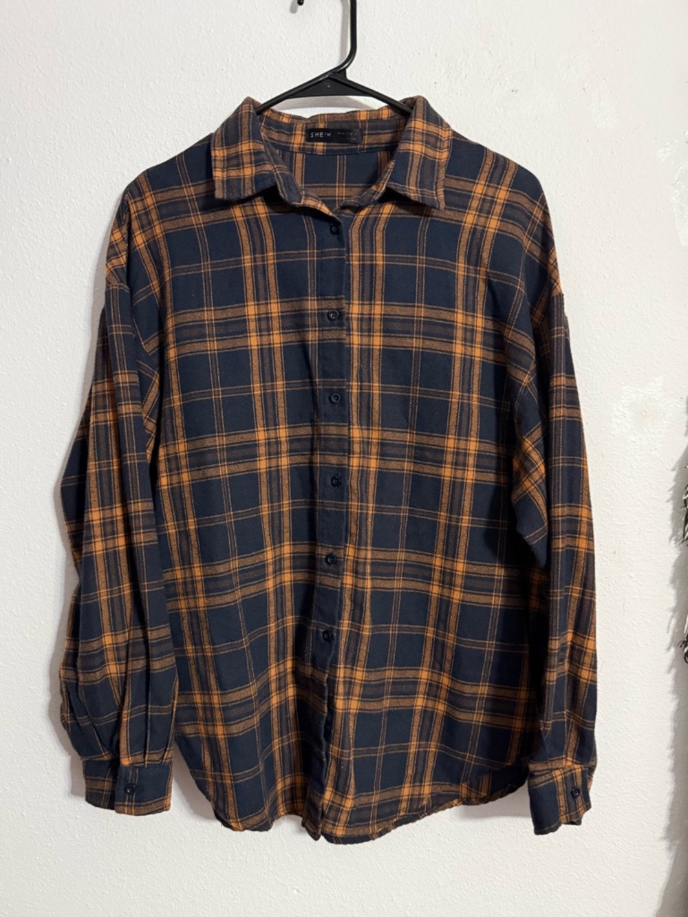 ▪️SHEIN • Navy and Orange Plaid Button-Up Shirt • Women’s Medium
